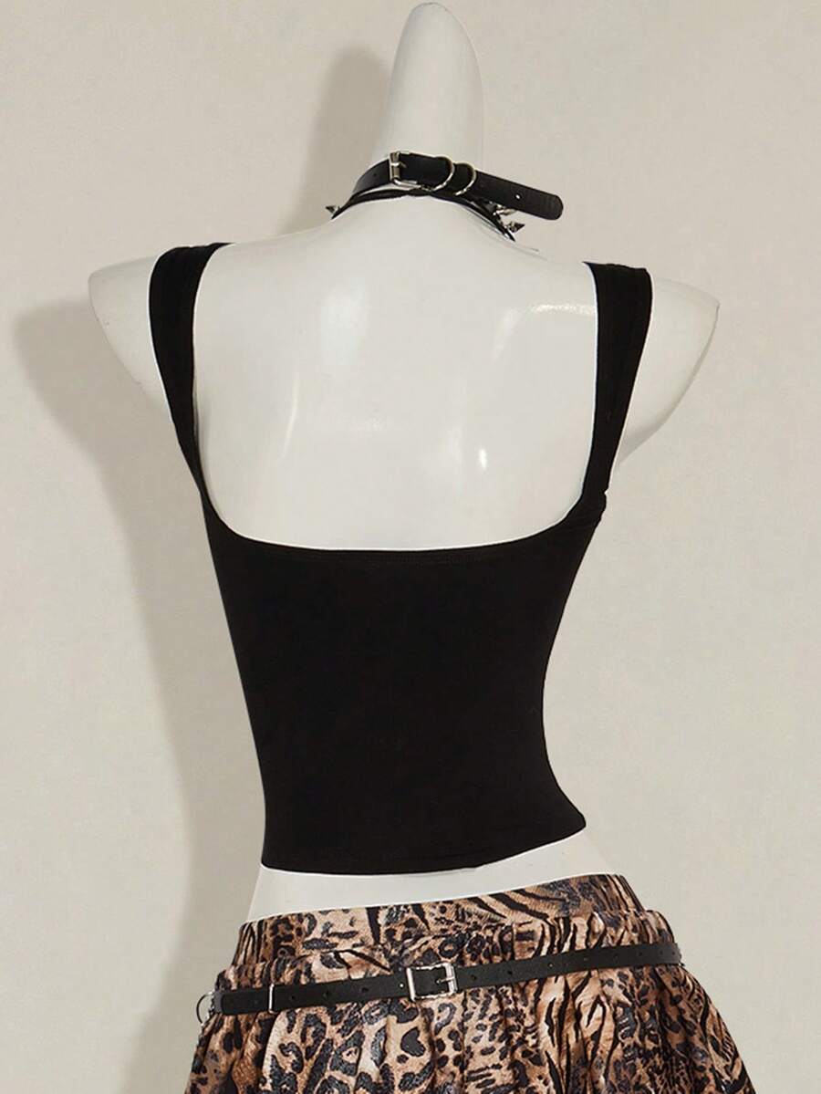 Black sleeveless crop cami top with wide straps, contrast lace trim, rib-knit texture, slim fit, and regular hem