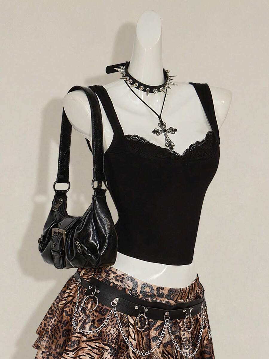 Black sleeveless crop cami top with wide straps, contrast lace trim, rib-knit texture, slim fit, and regular hem