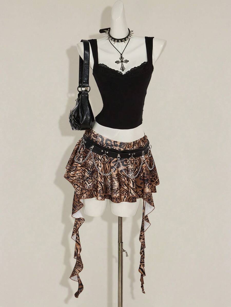 Black sleeveless crop cami top with wide straps, contrast lace trim, rib-knit texture, slim fit, and regular hem