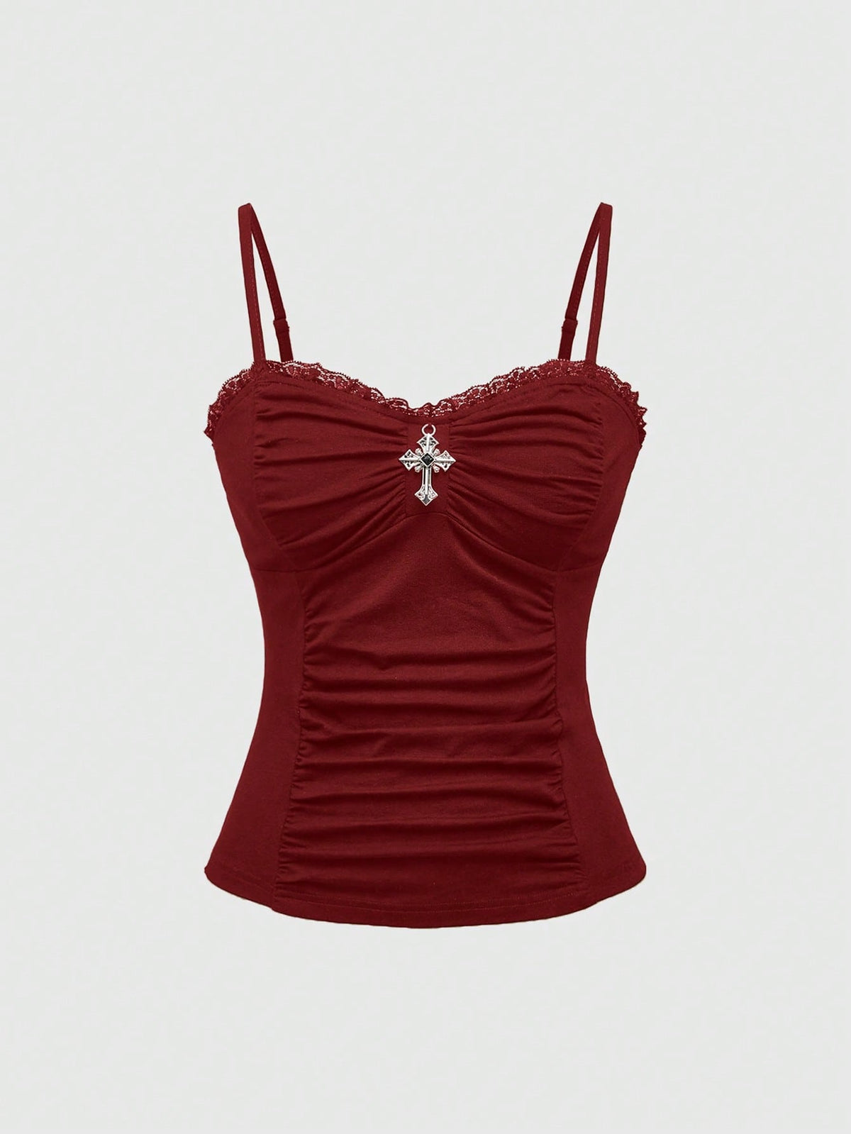 Black gothic spaghetti strap tank top for women featuring contrast lace patchwork, ruched frill details, and a cross pendant accent in a slim fit knitted fabric.