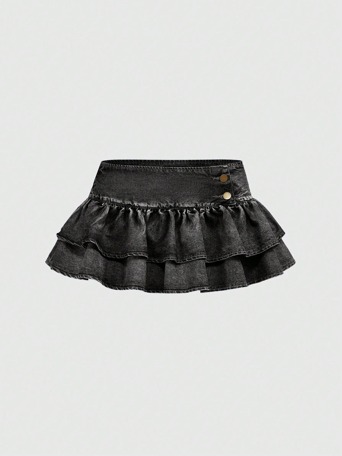 Y2K ultra low waist mini skirt with tiered layer detail, ruffle hem, zipper closure, straight silhouette, and fabric.