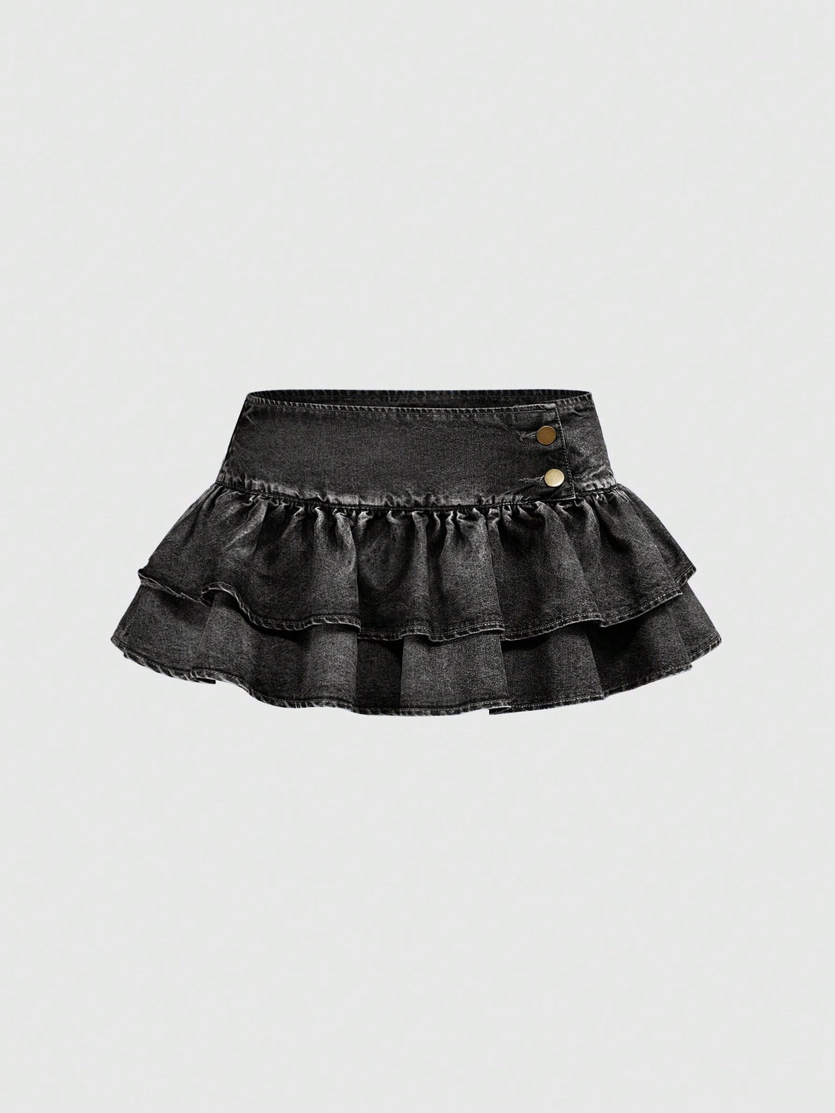 Y2K ultra low waist mini skirt with tiered layer detail, ruffle hem, zipper closure, straight silhouette, and fabric.