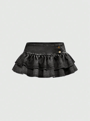 Y2K ultra low waist mini skirt with tiered layer detail, ruffle hem, zipper closure, straight silhouette, and fabric.