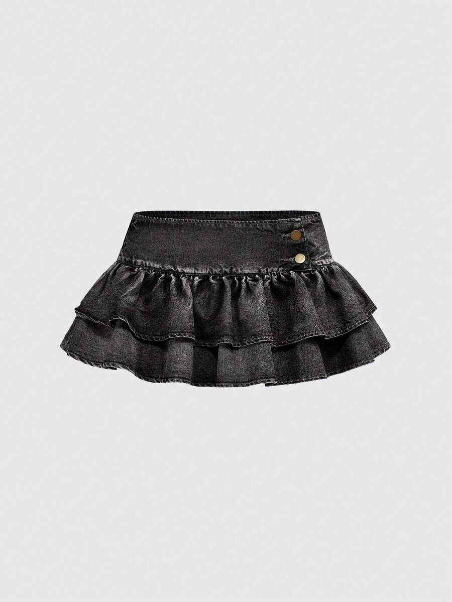Y2K ultra low waist mini skirt with tiered layer detail, ruffle hem, zipper closure, straight silhouette, and fabric.
