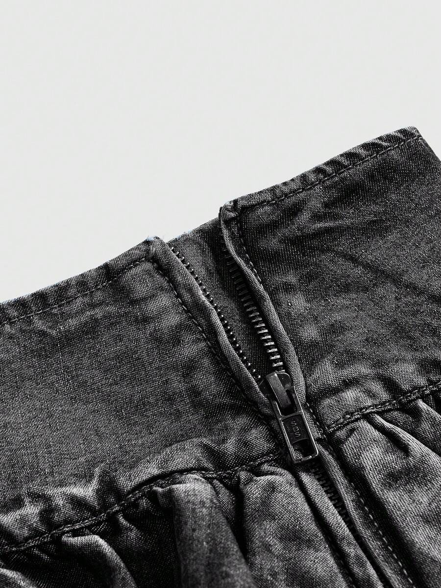 Y2K ultra low waist mini skirt with tiered layer detail, ruffle hem, zipper closure, straight silhouette, and fabric.
