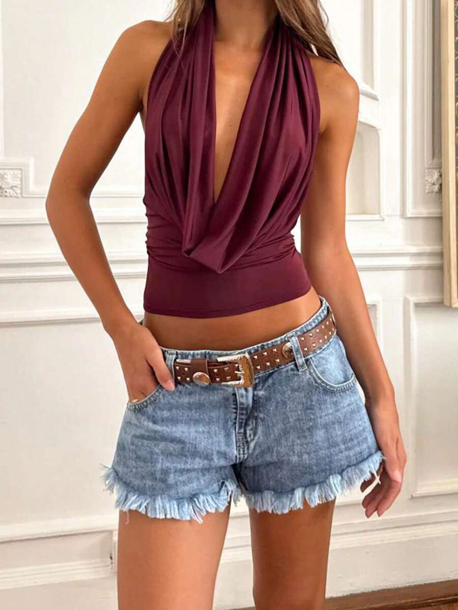Women’s Y2K halter crop tank top with cowl neck, sleeveless backless design, draped front, knot detail, ruched slim fit, and plain party style.