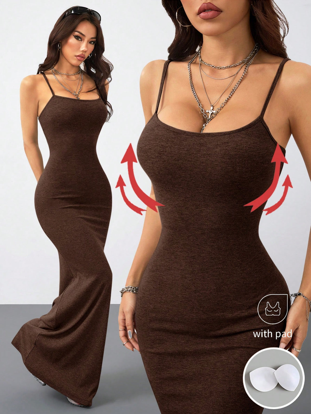 Women's slim fit sleeveless spaghetti strap maxi dress in brown ribbed stretch knit fabric.