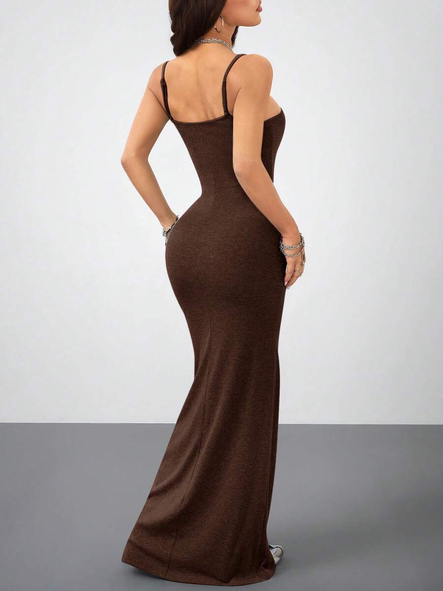 Women's slim fit sleeveless spaghetti strap maxi dress in brown ribbed stretch knit fabric.