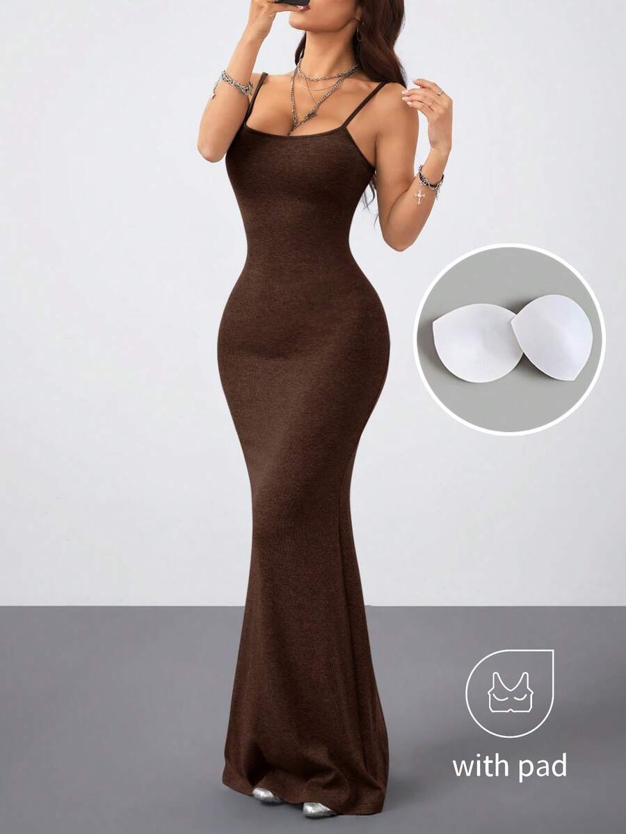 Women's slim fit sleeveless spaghetti strap maxi dress in brown ribbed stretch knit fabric.