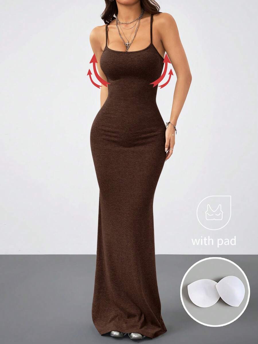 Women's slim fit sleeveless spaghetti strap maxi dress in brown ribbed stretch knit fabric.