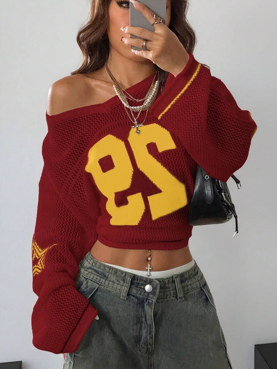 Women's oversized long sleeve knit pullover sweater with round neck, drop shoulder design, and front pocket detail.