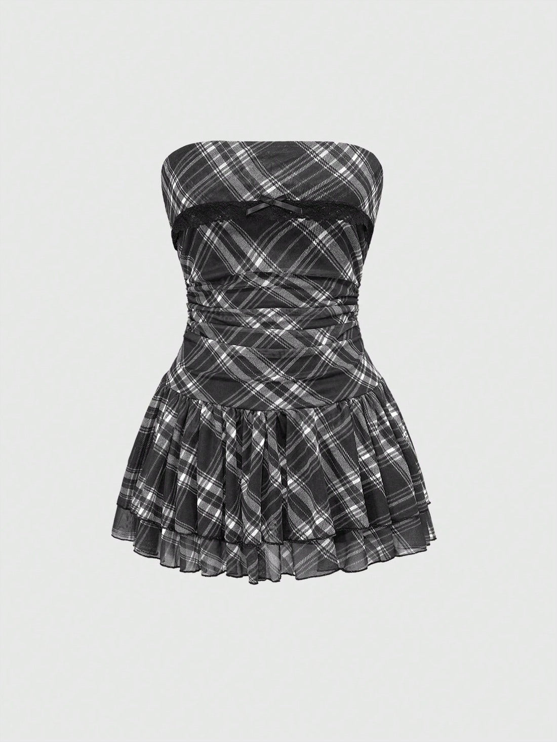 J-Fashion vintage sweet plaid printed strapless mini dress with bow detail, ruched bodice, layered ruffle hem, and matching inner mini shorts.