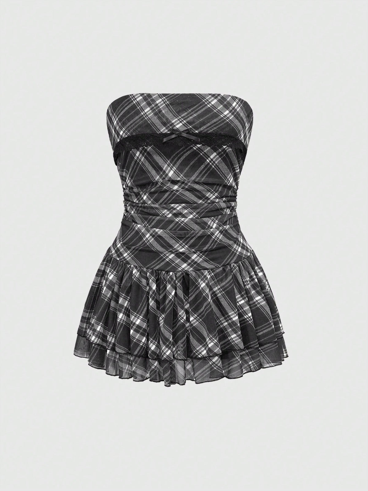 J-Fashion vintage sweet plaid printed strapless mini dress with bow detail, ruched bodice, layered ruffle hem, and matching inner mini shorts.