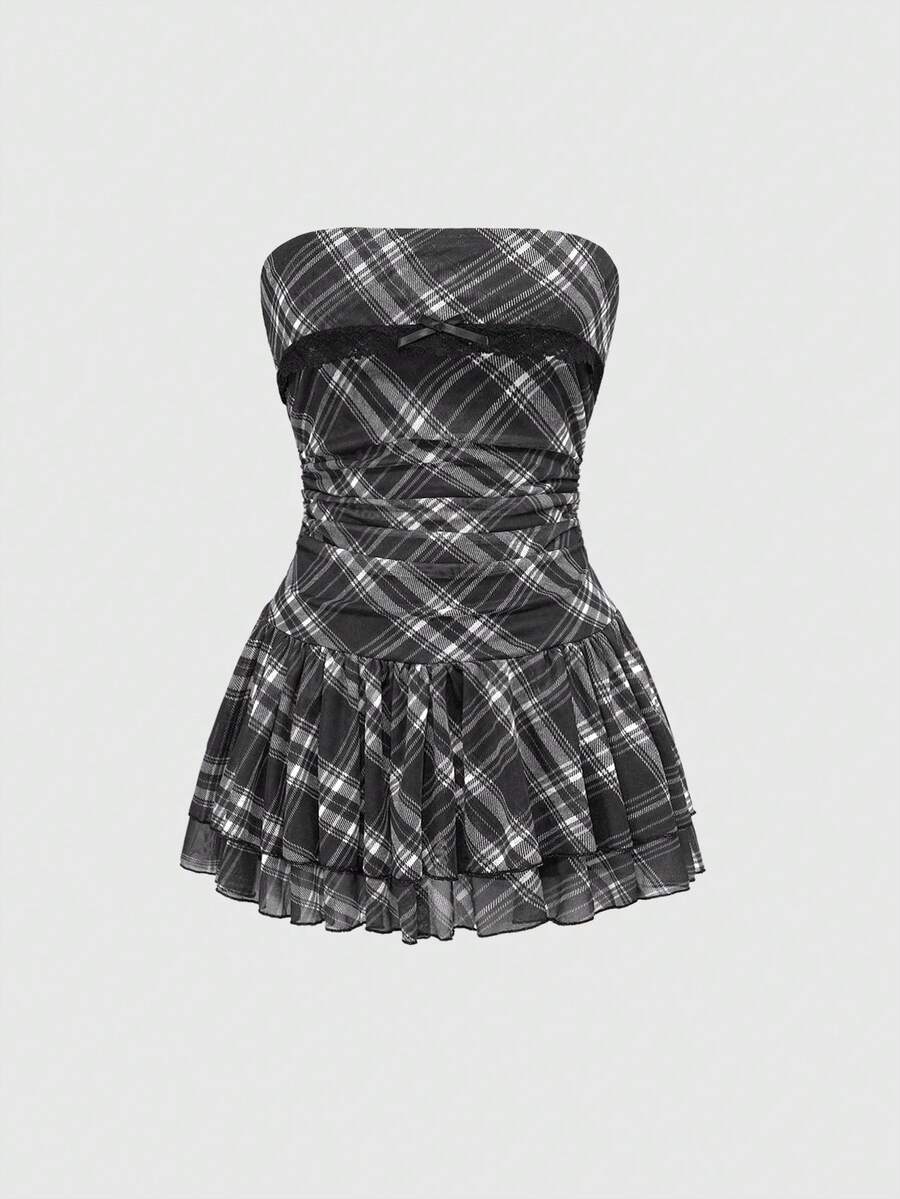 J-Fashion vintage sweet plaid printed strapless mini dress with bow detail, ruched bodice, layered ruffle hem, and matching inner mini shorts.