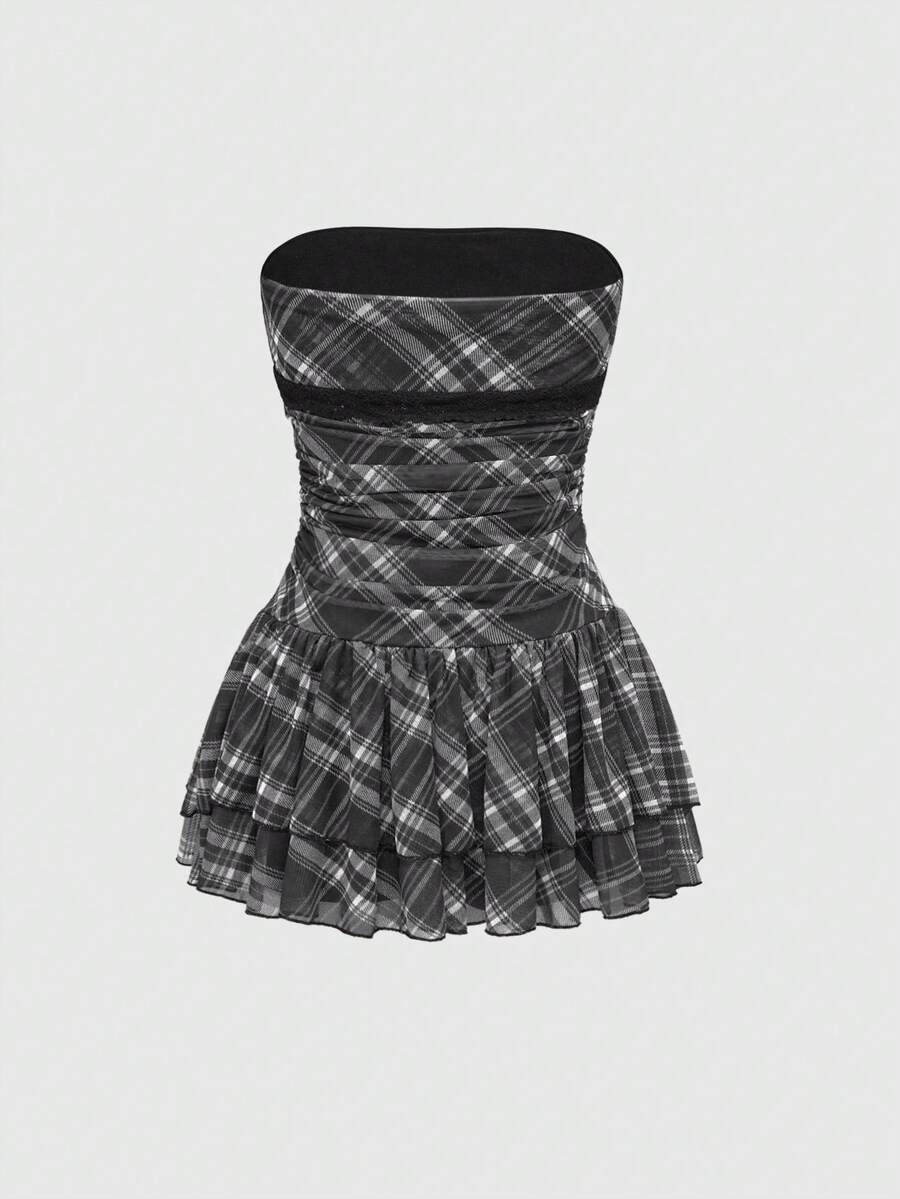 J-Fashion vintage sweet plaid printed strapless mini dress with bow detail, ruched bodice, layered ruffle hem, and matching inner mini shorts.