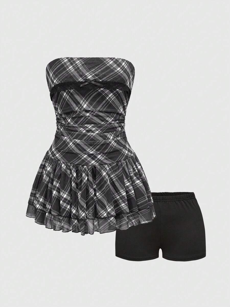 J-Fashion vintage sweet plaid printed strapless mini dress with bow detail, ruched bodice, layered ruffle hem, and matching inner mini shorts.
