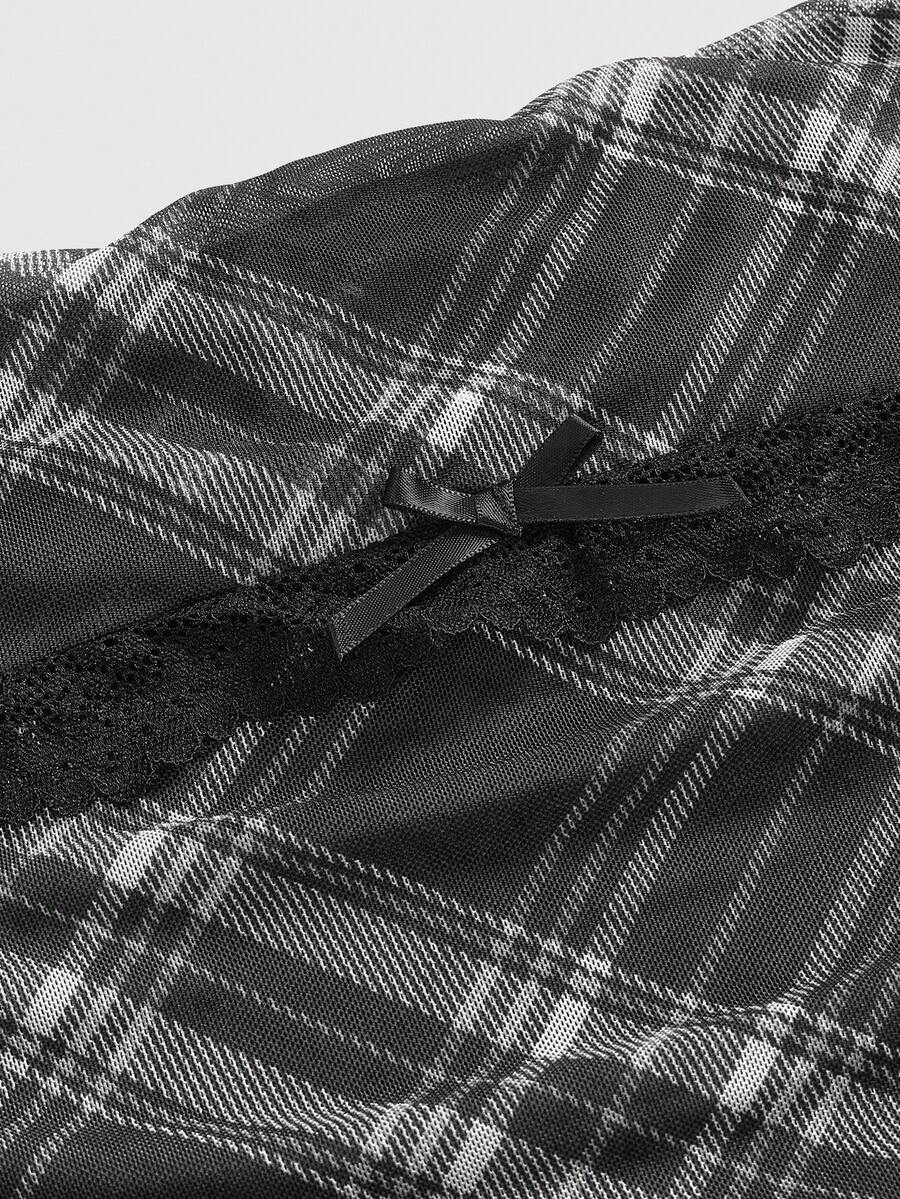 J-Fashion vintage sweet plaid printed strapless mini dress with bow detail, ruched bodice, layered ruffle hem, and matching inner mini shorts.