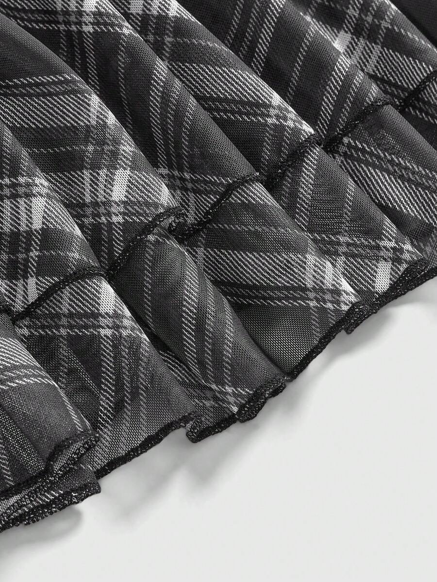 J-Fashion vintage sweet plaid printed strapless mini dress with bow detail, ruched bodice, layered ruffle hem, and matching inner mini shorts.