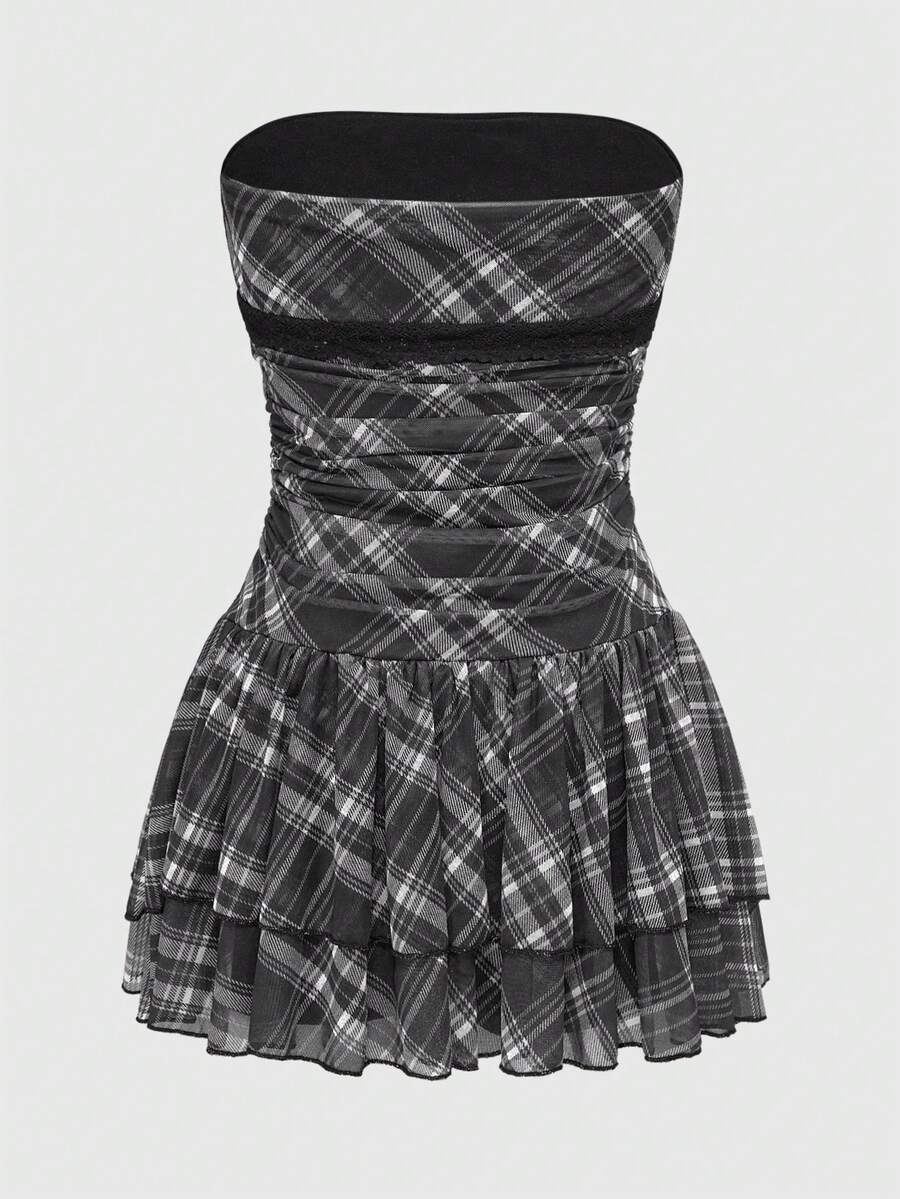 J-Fashion vintage sweet plaid printed strapless mini dress with bow detail, ruched bodice, layered ruffle hem, and matching inner mini shorts.