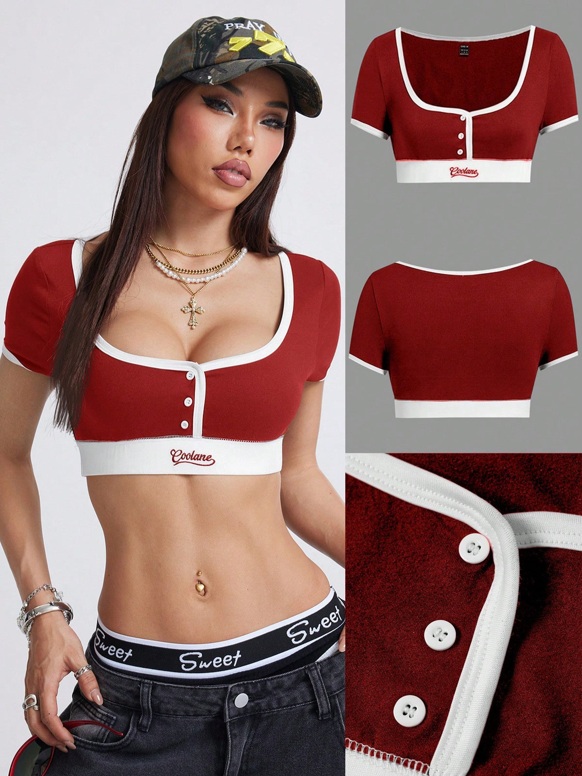 Women's red short sleeve cropped t-shirt featuring ribbed knit fabric with contrast binding and button details.