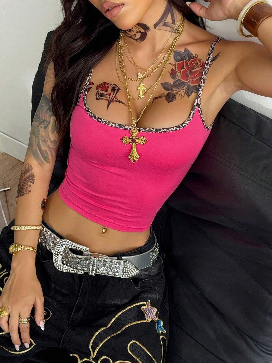 Women's graphic crop cami top with spaghetti straps and rhinestone detailing in soft knitted fabric