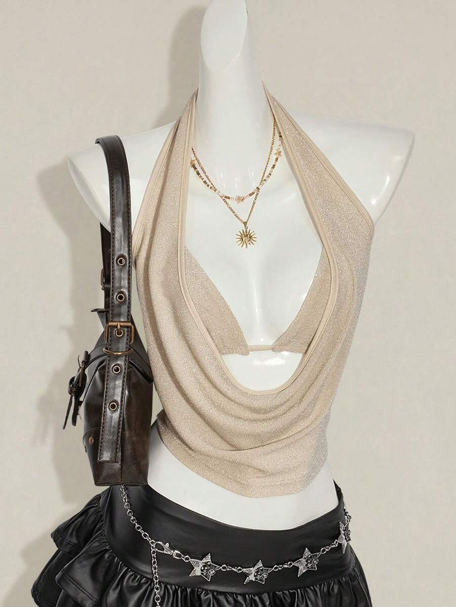 Women's glitter halter backless micro crop tank top featuring a draped knot front design.