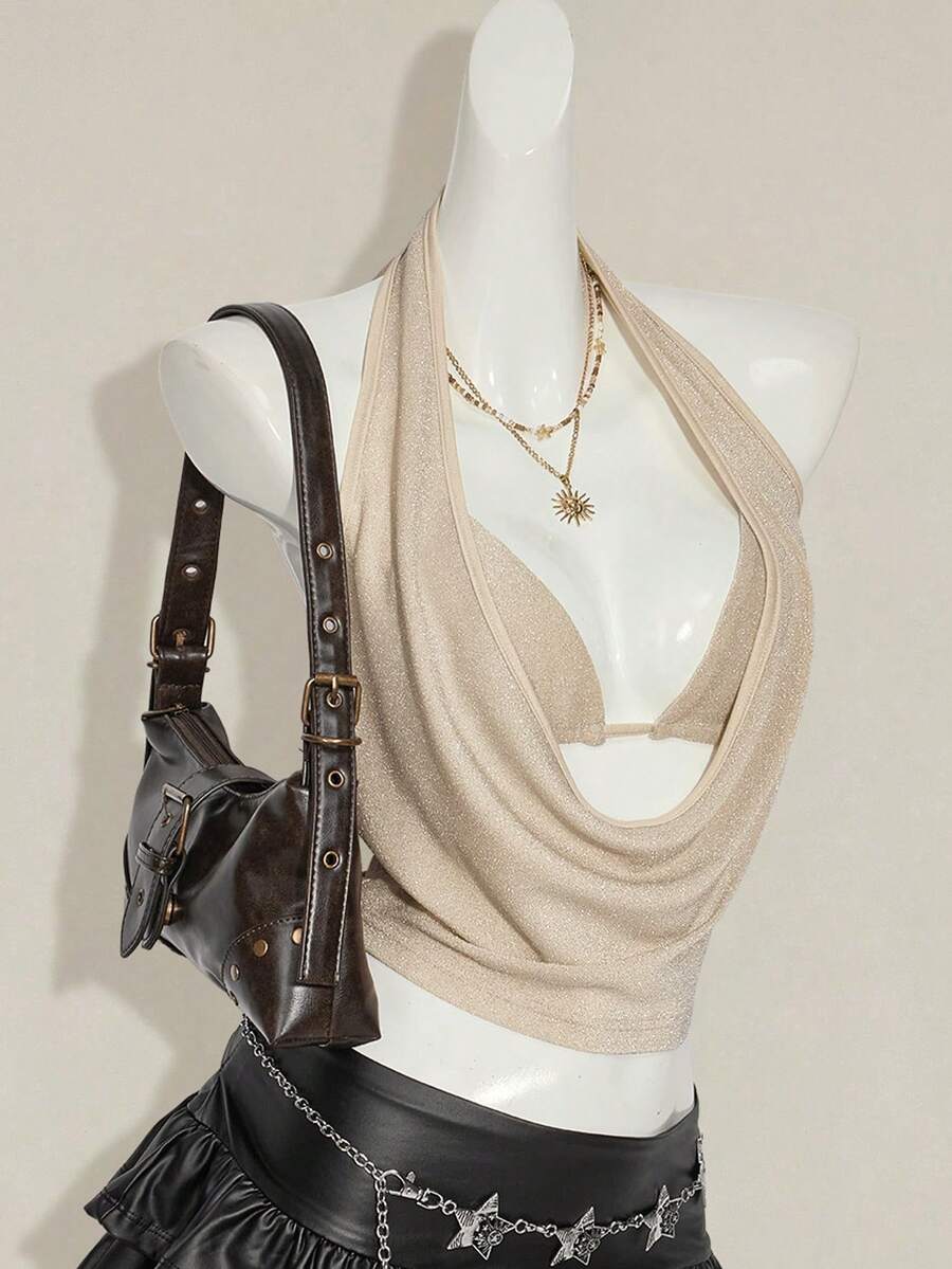 Women's glitter halter backless micro crop tank top featuring a draped knot front design.