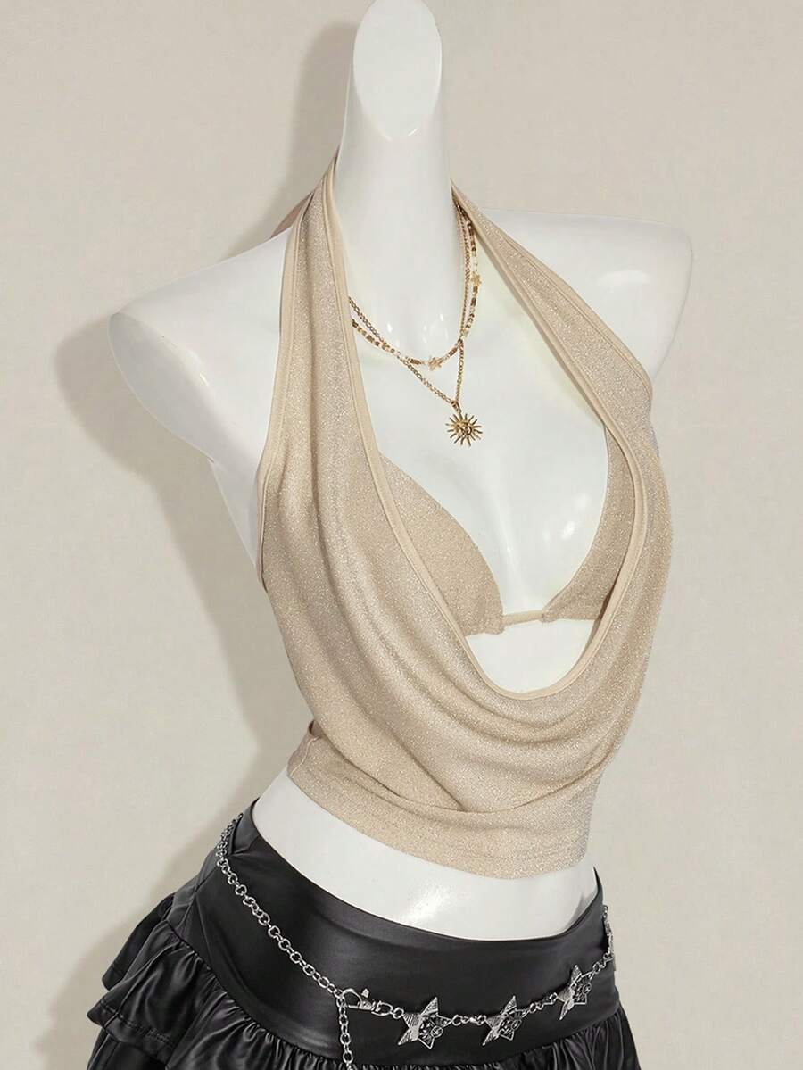 Women's glitter halter backless micro crop tank top featuring a draped knot front design.