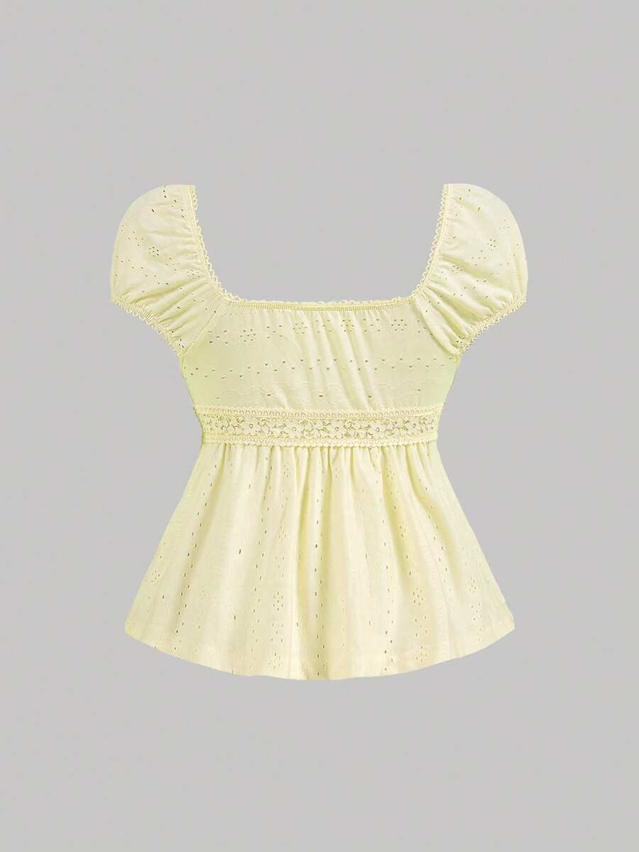 Yellow short puff sleeve tee featuring a square neckline, ruched bust with knot detail, eyelet embroidery, and a gathered waist.