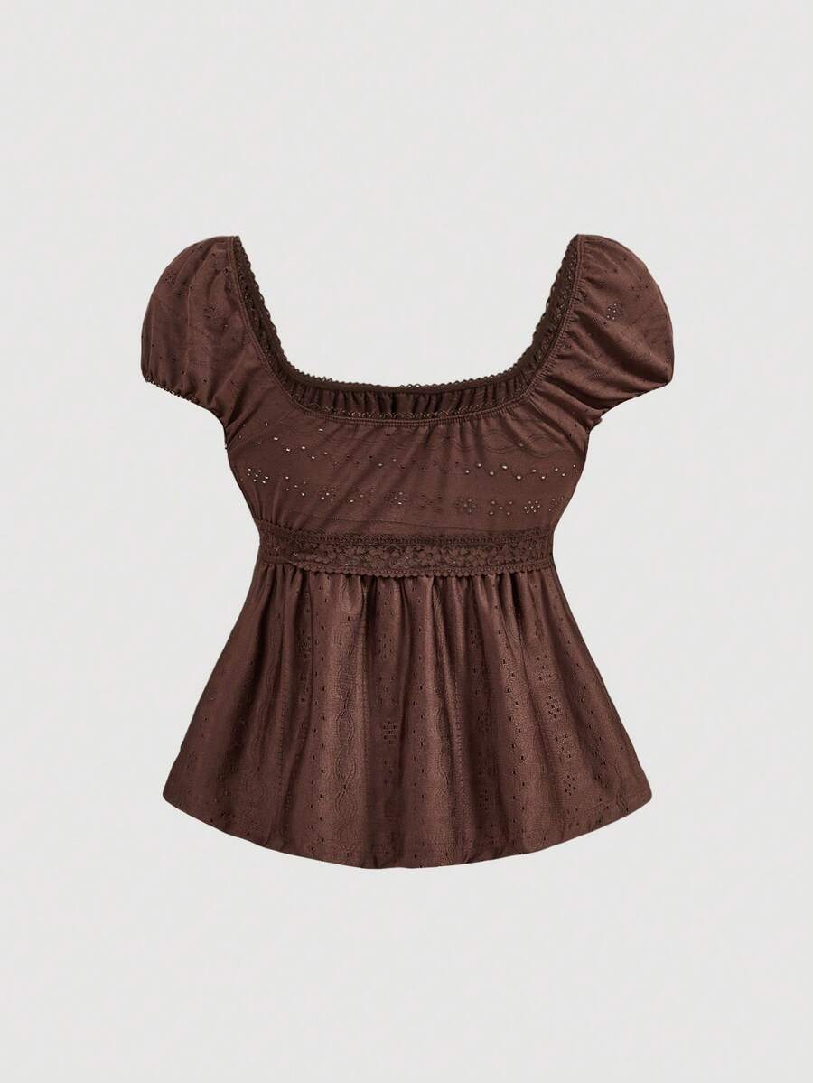 Yellow short puff sleeve tee featuring a square neckline, ruched bust with knot detail, eyelet embroidery, and a gathered waist.