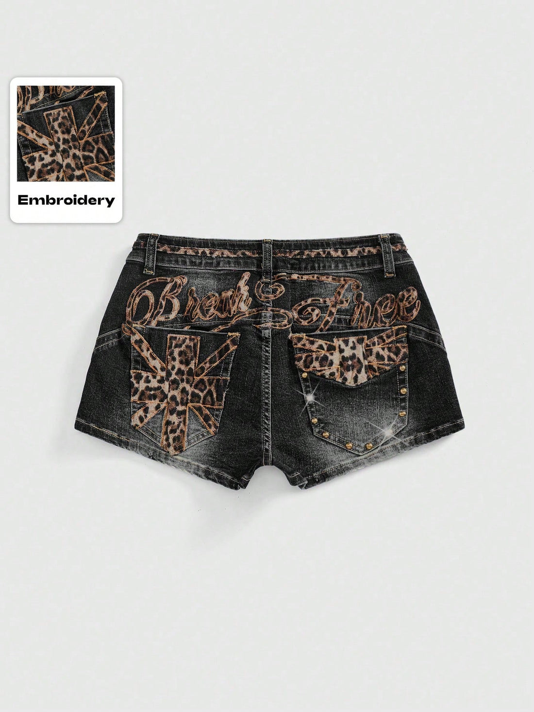 Women's super low waist shorts with leopard print embroidery, button and zipper closure, and raw hem detailing.