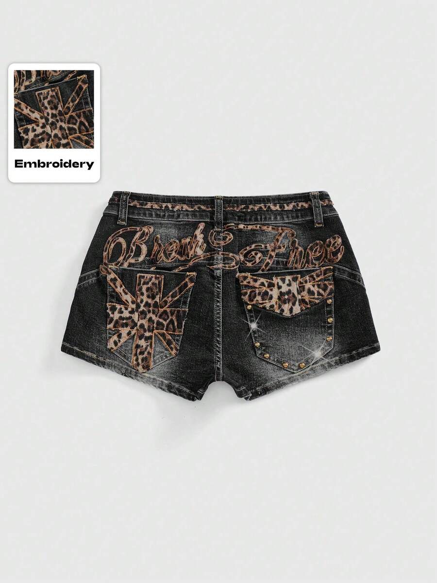 Women's super low waist shorts with leopard print embroidery, button and zipper closure, and raw hem detailing.