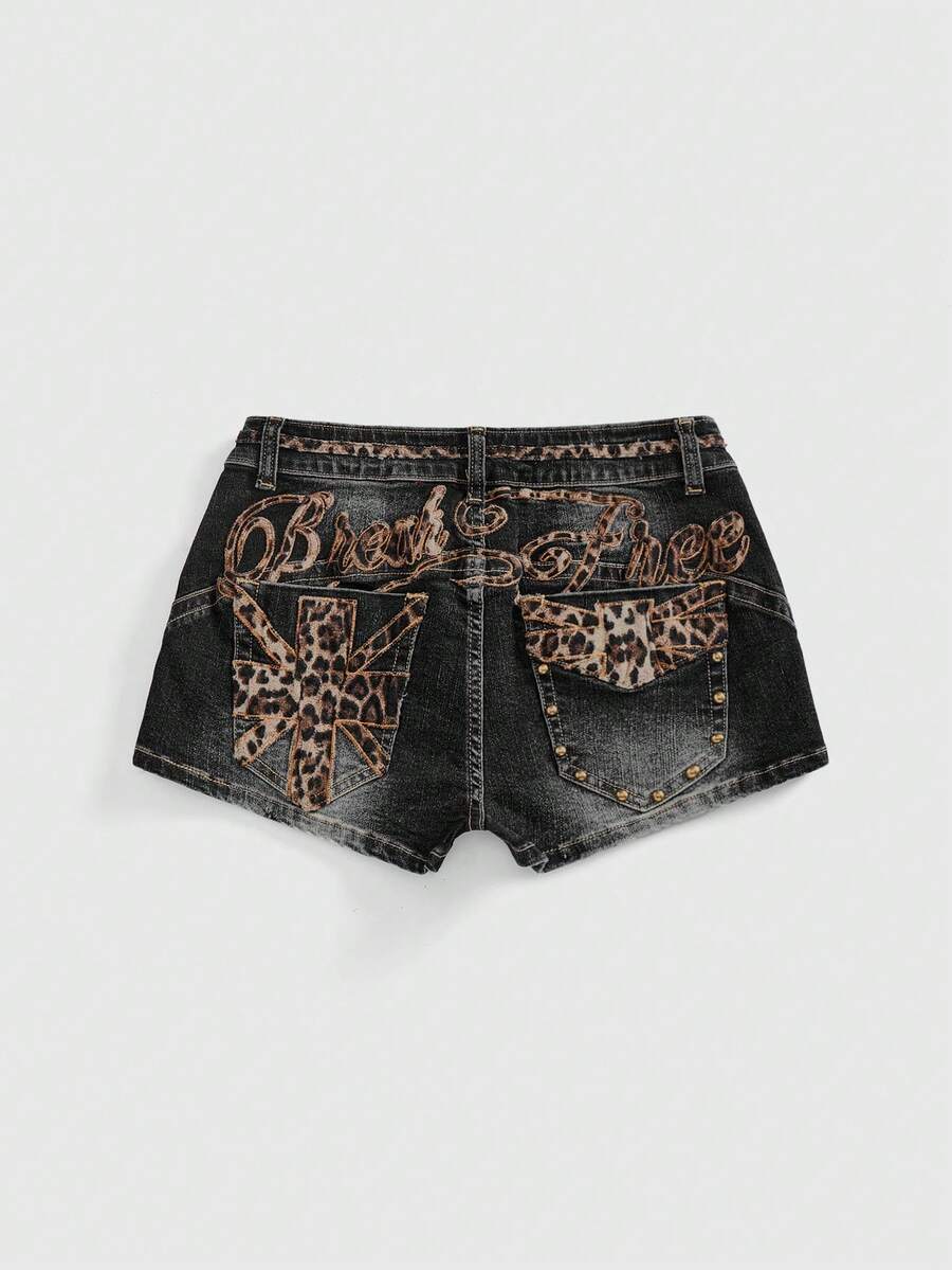 Women's super low waist shorts with leopard print embroidery, button and zipper closure, and raw hem detailing.