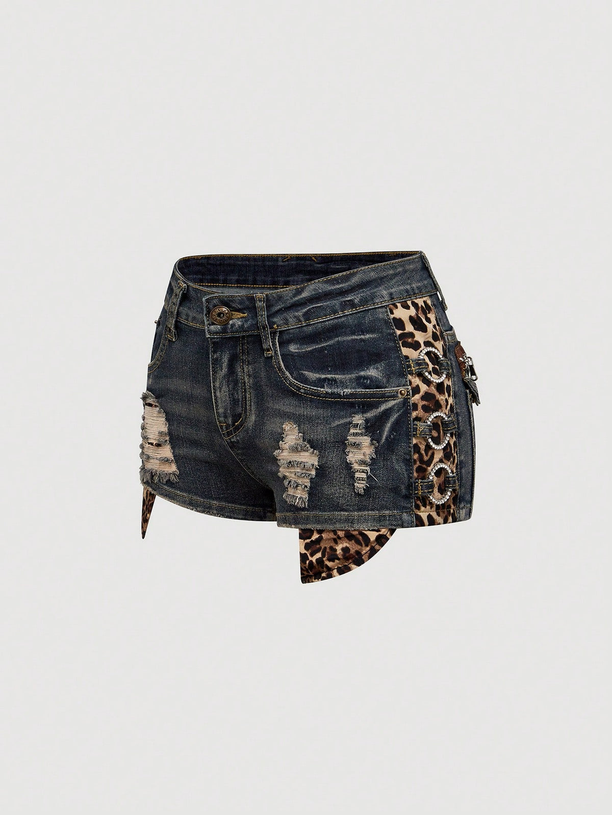 Women's ultra low waist vintage Y2K leopard print skinny mini shorts featuring ripped details, button, and zipper fly.