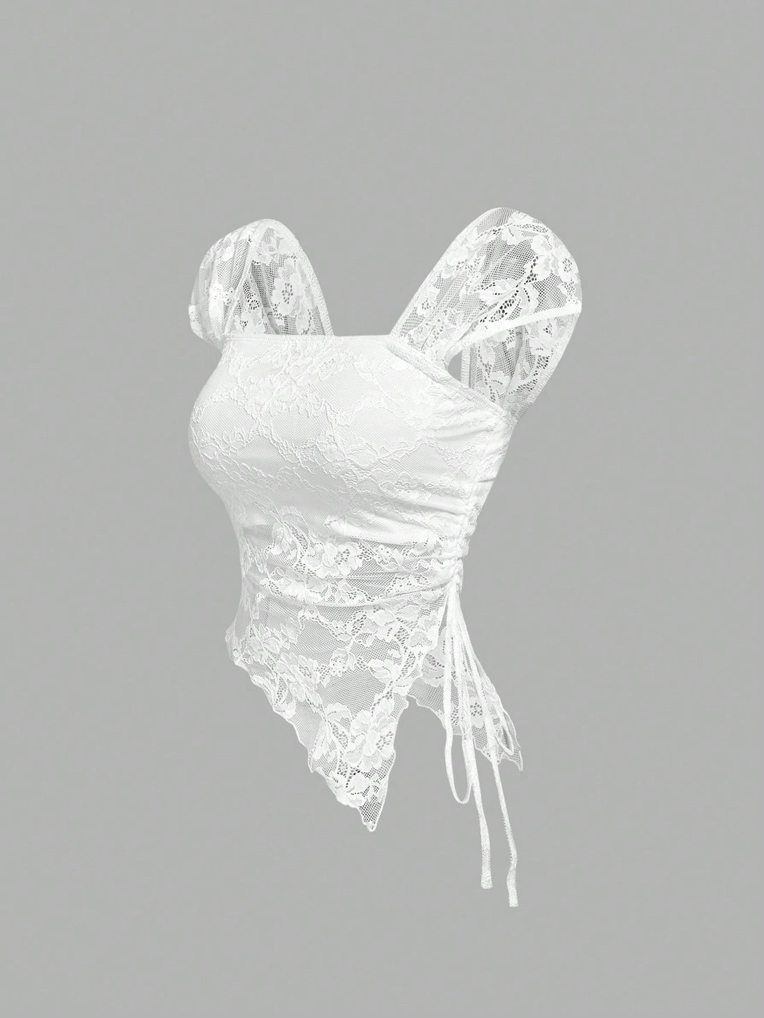 Women's white asymmetrical ruched lace top featuring drawstring details, square neckline, and cap sleeves.