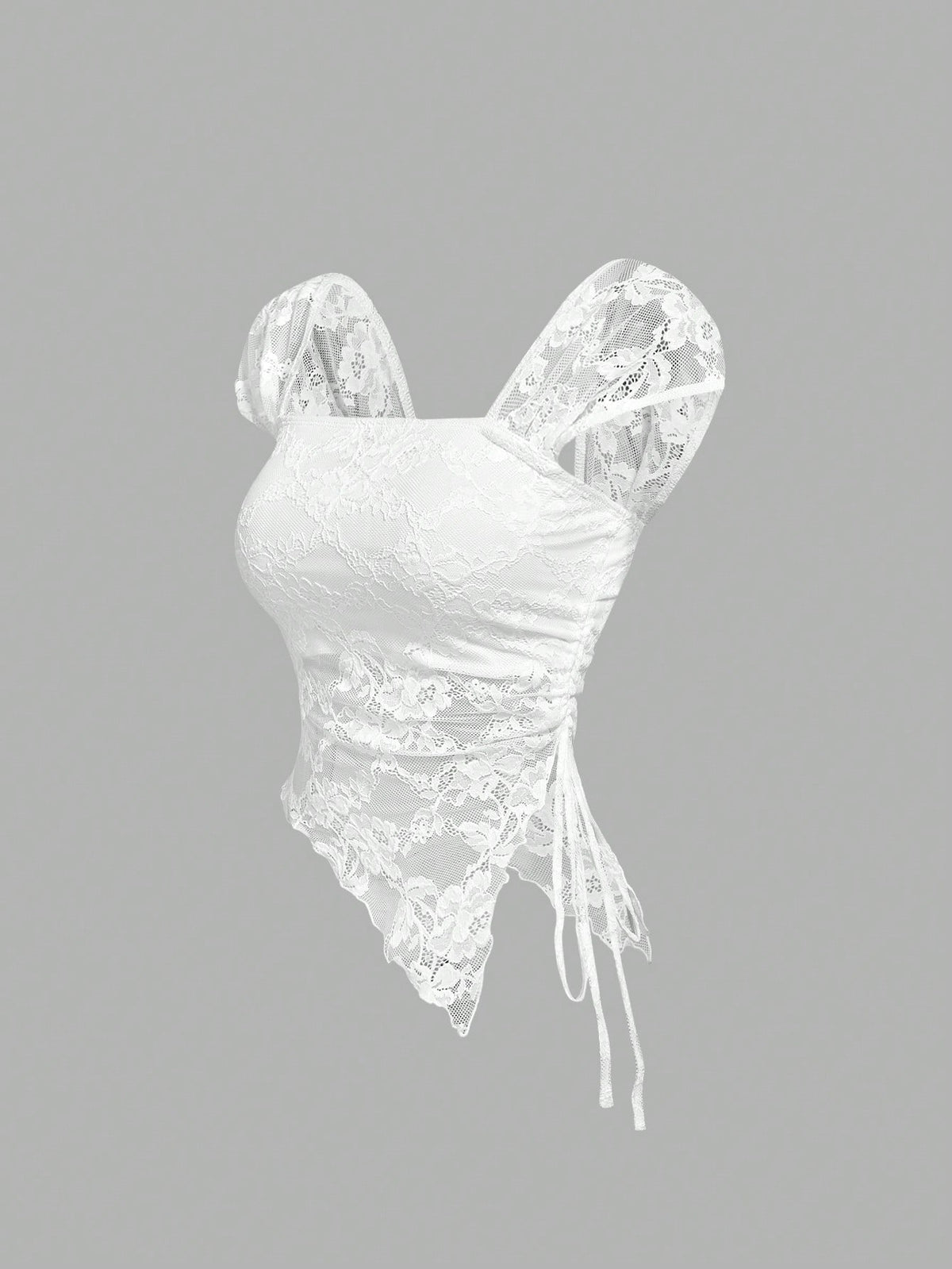 Women's white asymmetrical ruched lace top featuring drawstring details, square neckline, and cap sleeves.