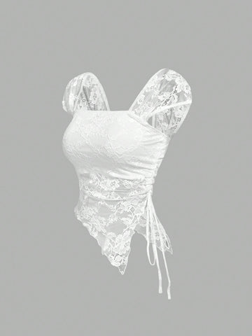 Women's white asymmetrical ruched lace top featuring drawstring details, square neckline, and cap sleeves.