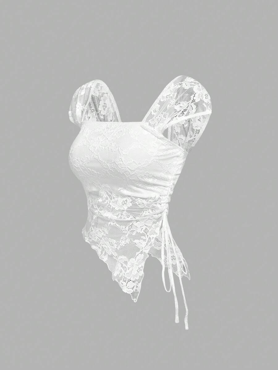 Women's white asymmetrical ruched lace top featuring drawstring details, square neckline, and cap sleeves.