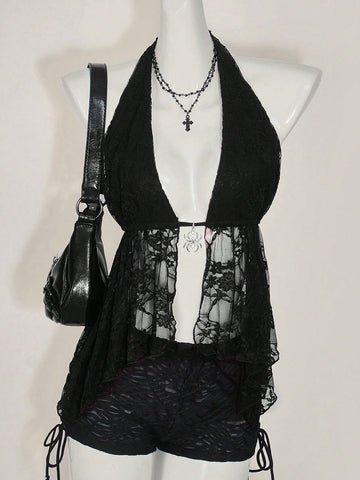 Women's lace halter neck camisole with backless styling, asymmetrical hem, slim fit, and semi-sheer lined design