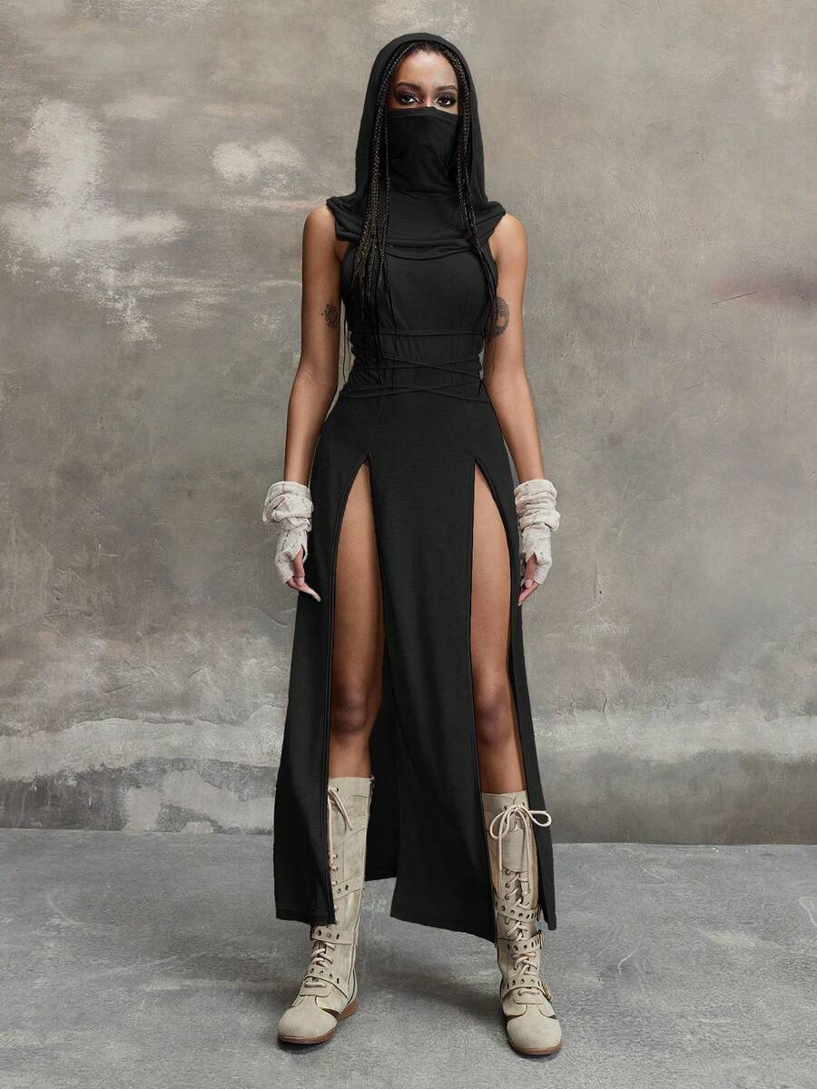 Women's sleeveless hooded maxi dress featuring a plunging neckline, backless design, and high thigh split in a lightweight knit fabric.