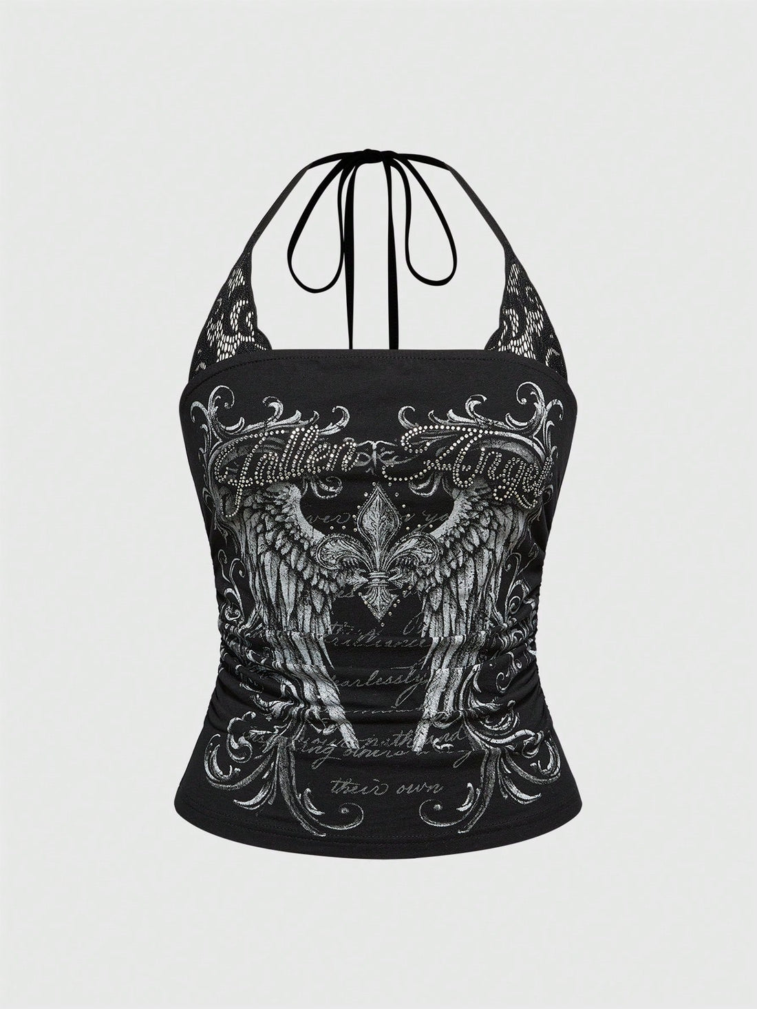 Women's cropped Y2K punk print halter cami top with contrast lace, backless knot detail, and slim fit knitted fabric