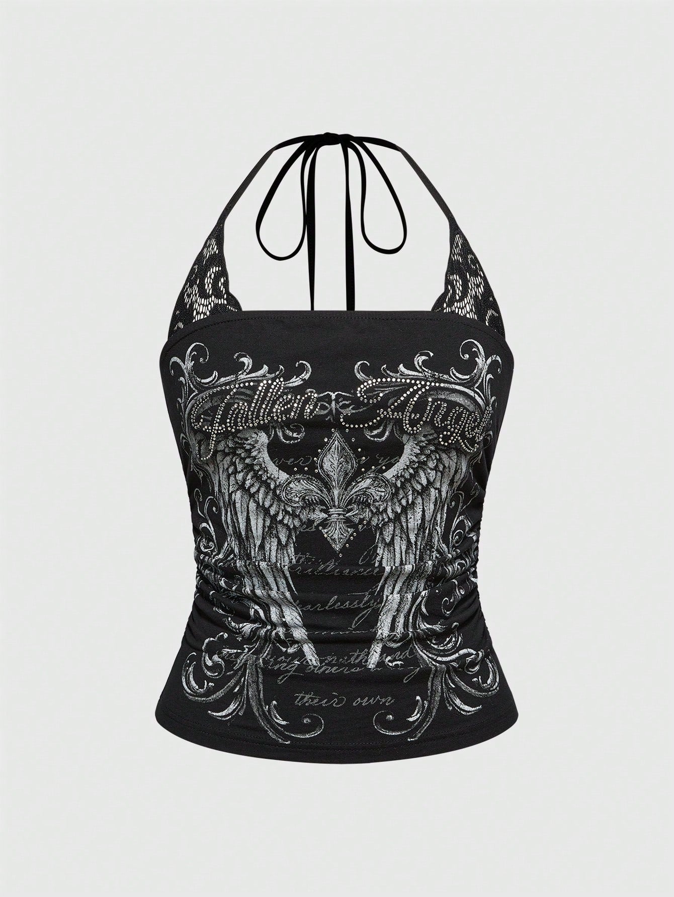Women's cropped Y2K punk print halter cami top with contrast lace, backless knot detail, and slim fit knitted fabric