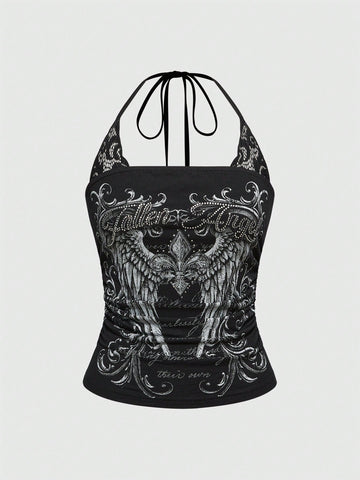 Women's cropped Y2K punk print halter cami top with contrast lace, backless knot detail, and slim fit knitted fabric