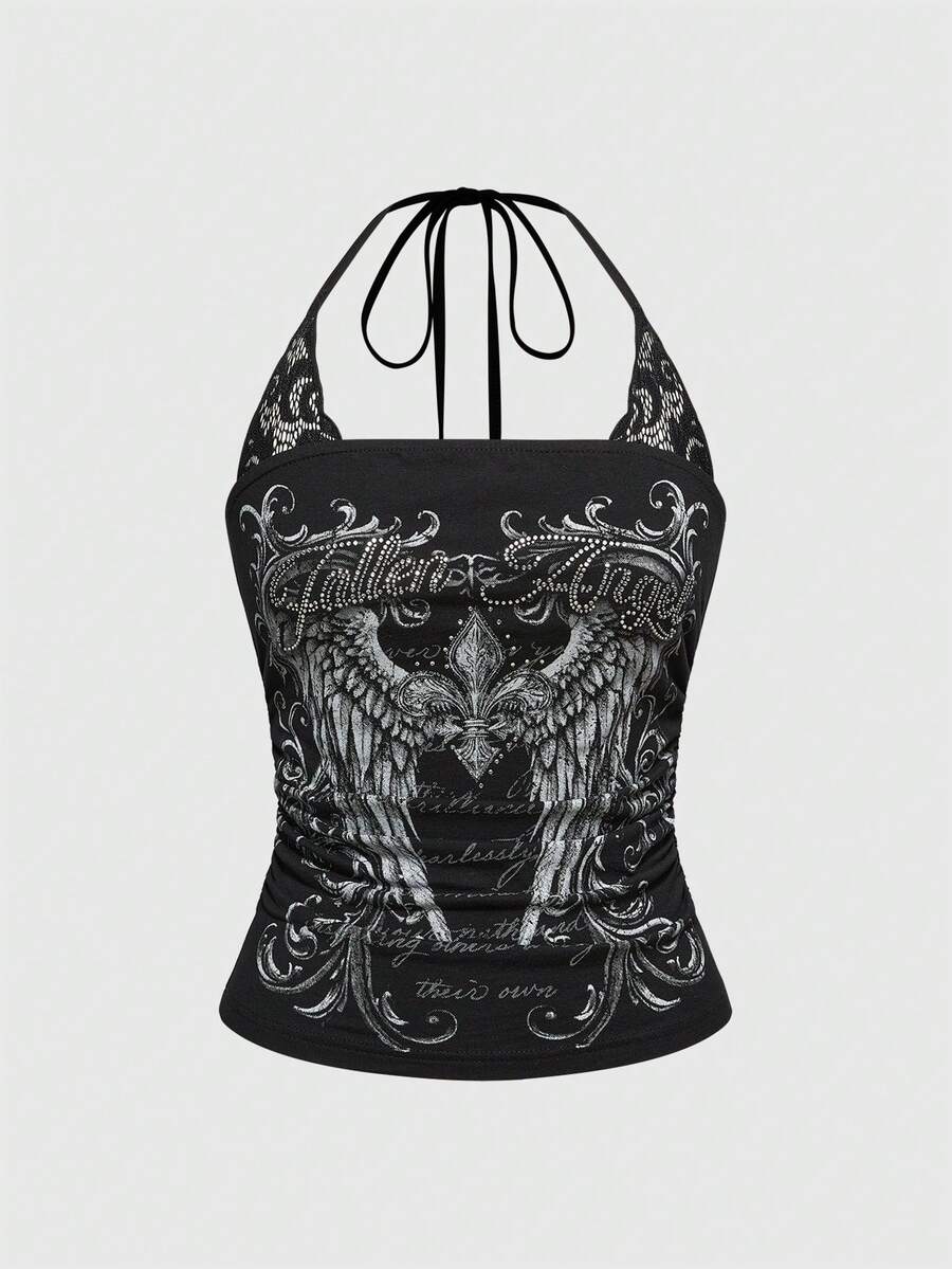 Women's cropped Y2K punk print halter cami top with contrast lace, backless knot detail, and slim fit knitted fabric