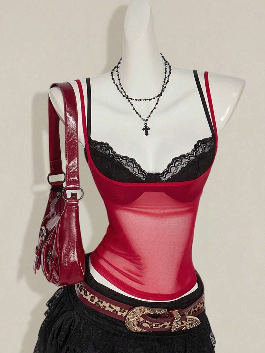 Women's grey leopard print spaghetti strap cami with black contrast lace trim and slim fit design