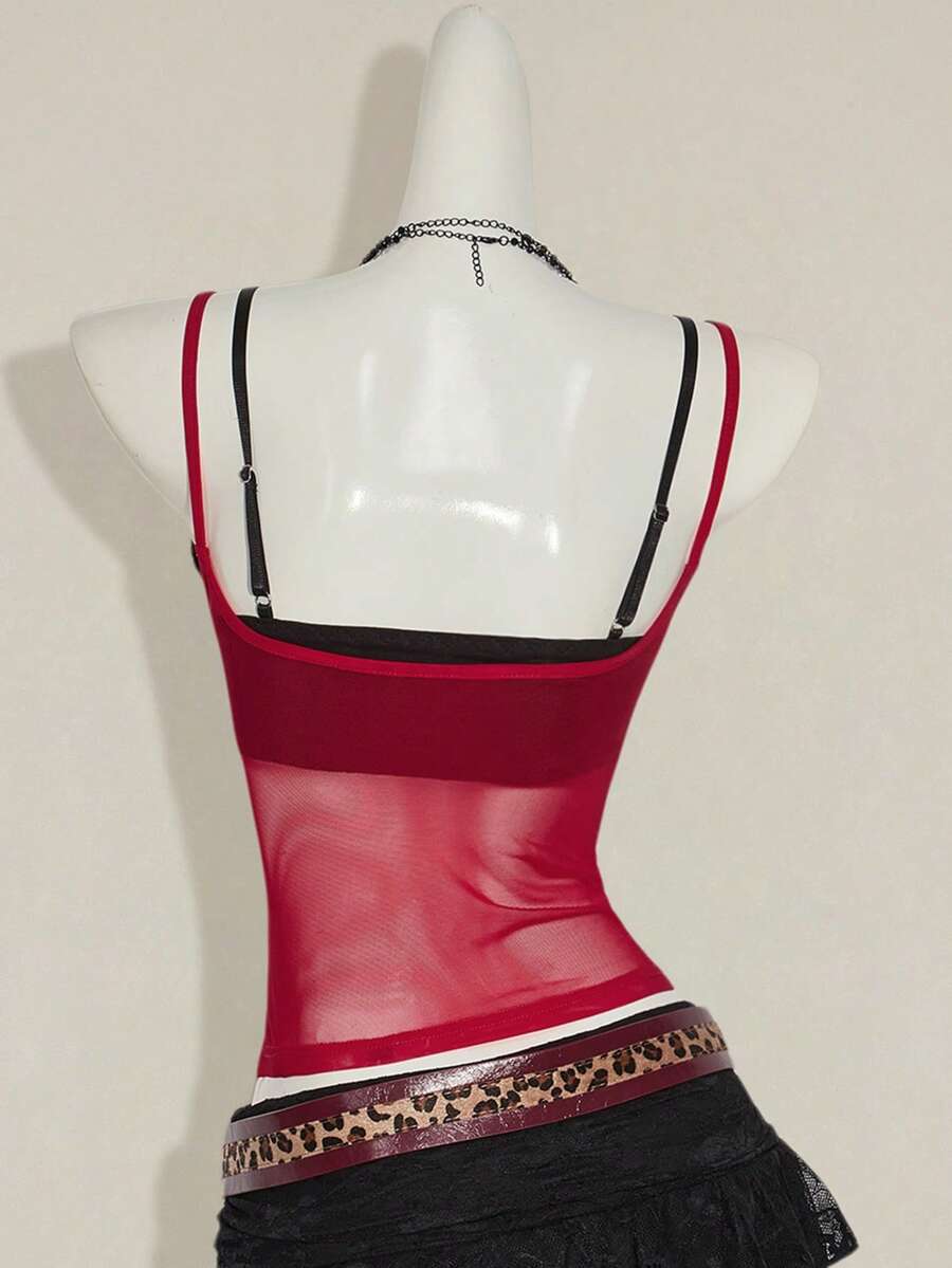 Women's grey leopard print spaghetti strap cami with black contrast lace trim and slim fit design