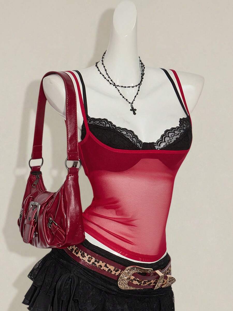 Women's grey leopard print spaghetti strap cami with black contrast lace trim and slim fit design