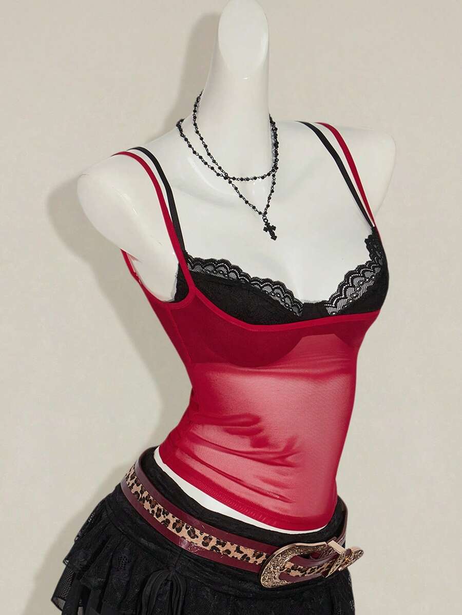 Women's grey leopard print spaghetti strap cami with black contrast lace trim and slim fit design