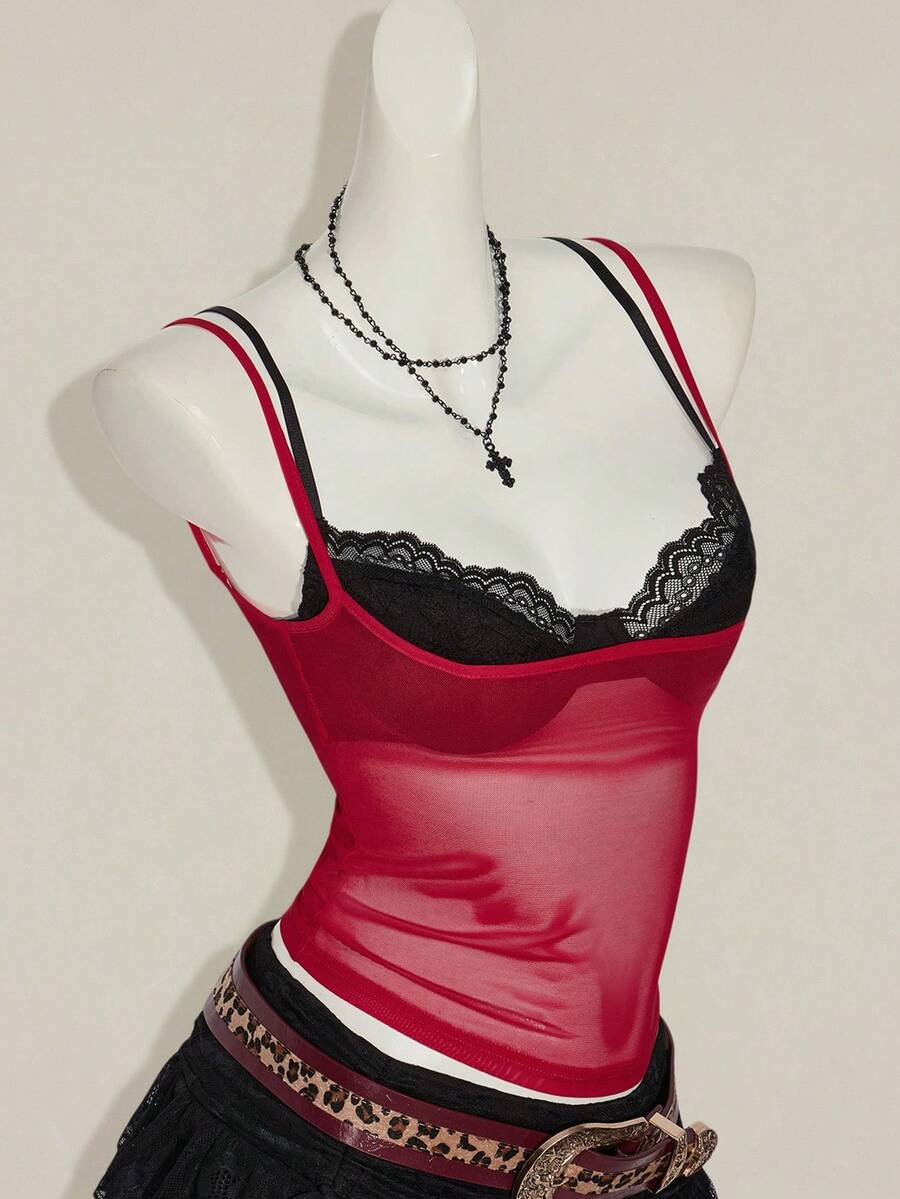 Women's grey leopard print spaghetti strap cami with black contrast lace trim and slim fit design