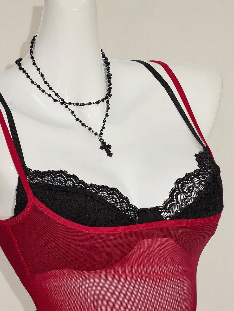 Women's grey leopard print spaghetti strap cami with black contrast lace trim and slim fit design